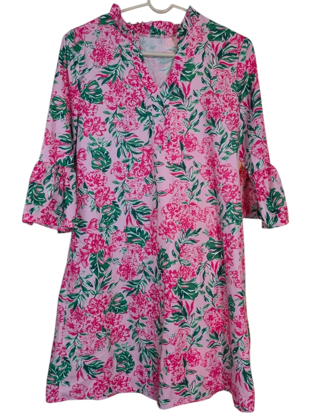 SHEIN Pink Floral A-Line Dress with Green Leaf Print